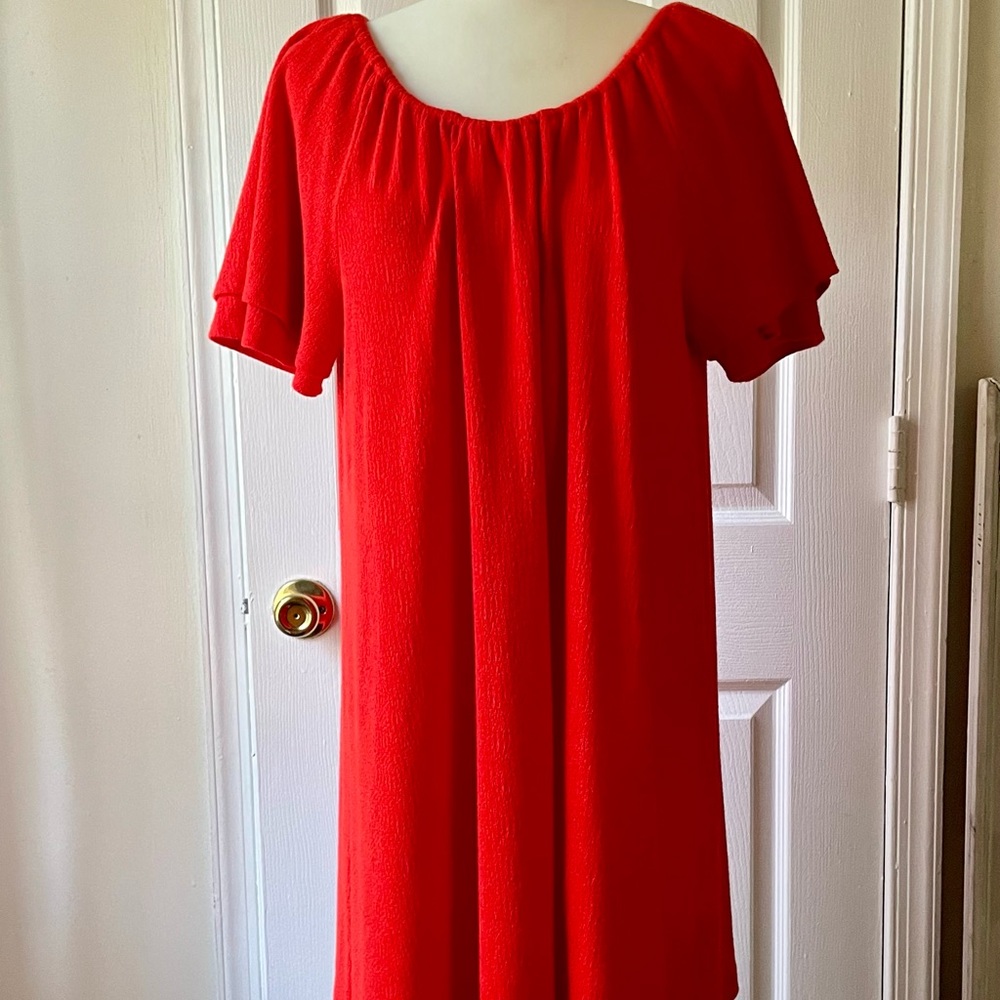 Madewell Texture & Thread Red Orange Short Sleeve Trapeze Mini Dress Size Large